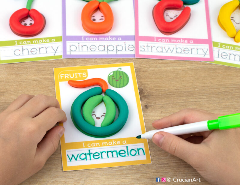 Printable Fruits theme playdough mats. Summer season play dough mat with an illustration of a watermelon. Do-it-yourself language learning educational resources for childcare centers.