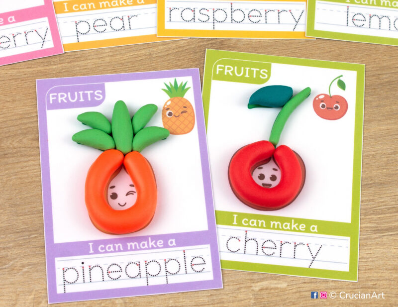 Set of printable Fruits and Berries playdough mats for healthy food learning theme: a pineapple and cherry.