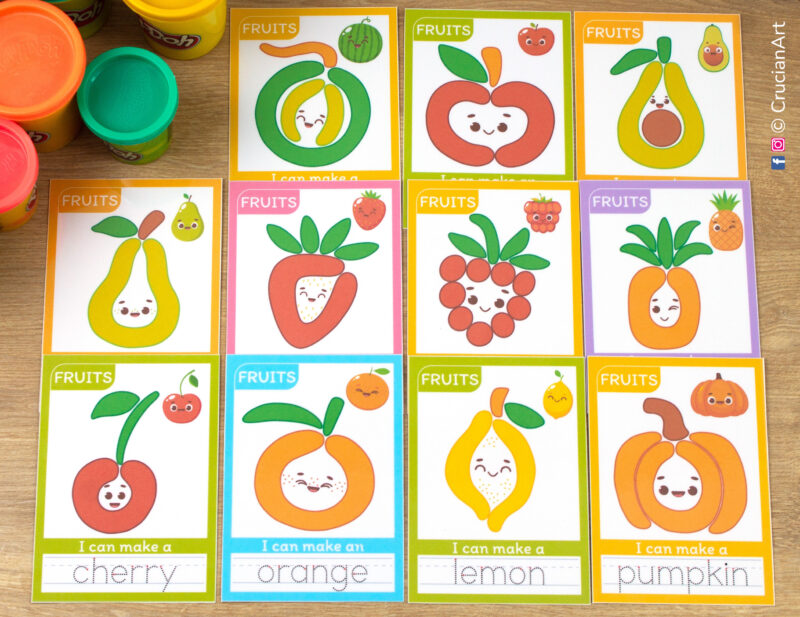 Fruits and Berries theme playdough materials for preschool teachers. Printable DIY activity for Play-Doh with images of an apple, orange, watermelon, lemon, pear, strawberry, pumpkin, avocado, raspberry, pineapple, cherry.