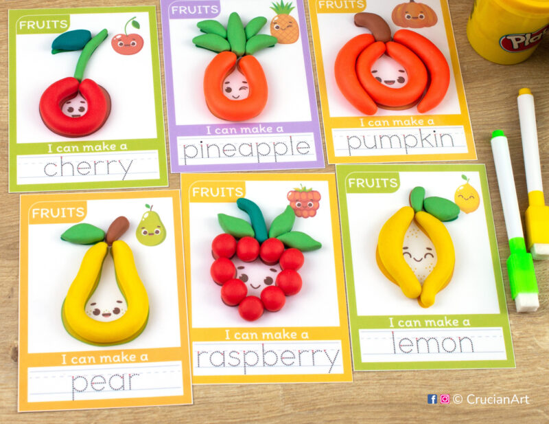 Fruits and berries playdough mats for toddlers and preschoolers with images of a lemon, raspberry, pear, pineapple, pumpkin, cherry.