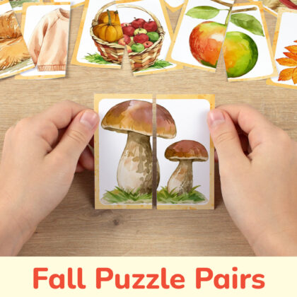 Autumn season theme picture puzzles for toddler and preschool education: watercolor image of mushrooms. DIY classroom resources for seasonal learning.