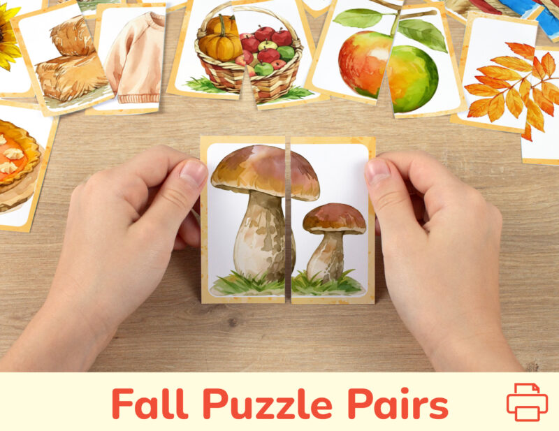 Autumn season theme picture puzzles for toddler and preschool education: watercolor image of mushrooms. DIY classroom resources for seasonal learning.