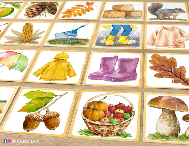 Set of fall season theme puzzle pairs to print for classroom activity. Picture puzzles: harvest basket, acorns, mushroom, yellow raincoat, purple rain boots, puddle jumping. DIY toddler and preschool matching game.