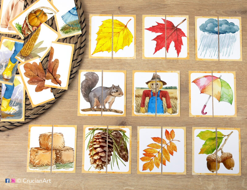 Match the puzzle halves printable activity for early learning. Fall season picture puzzles: scarecrow, squirrel, umbrella, haystack, pinecones, acorns, yellow leaf, red leaf, rainy weather.