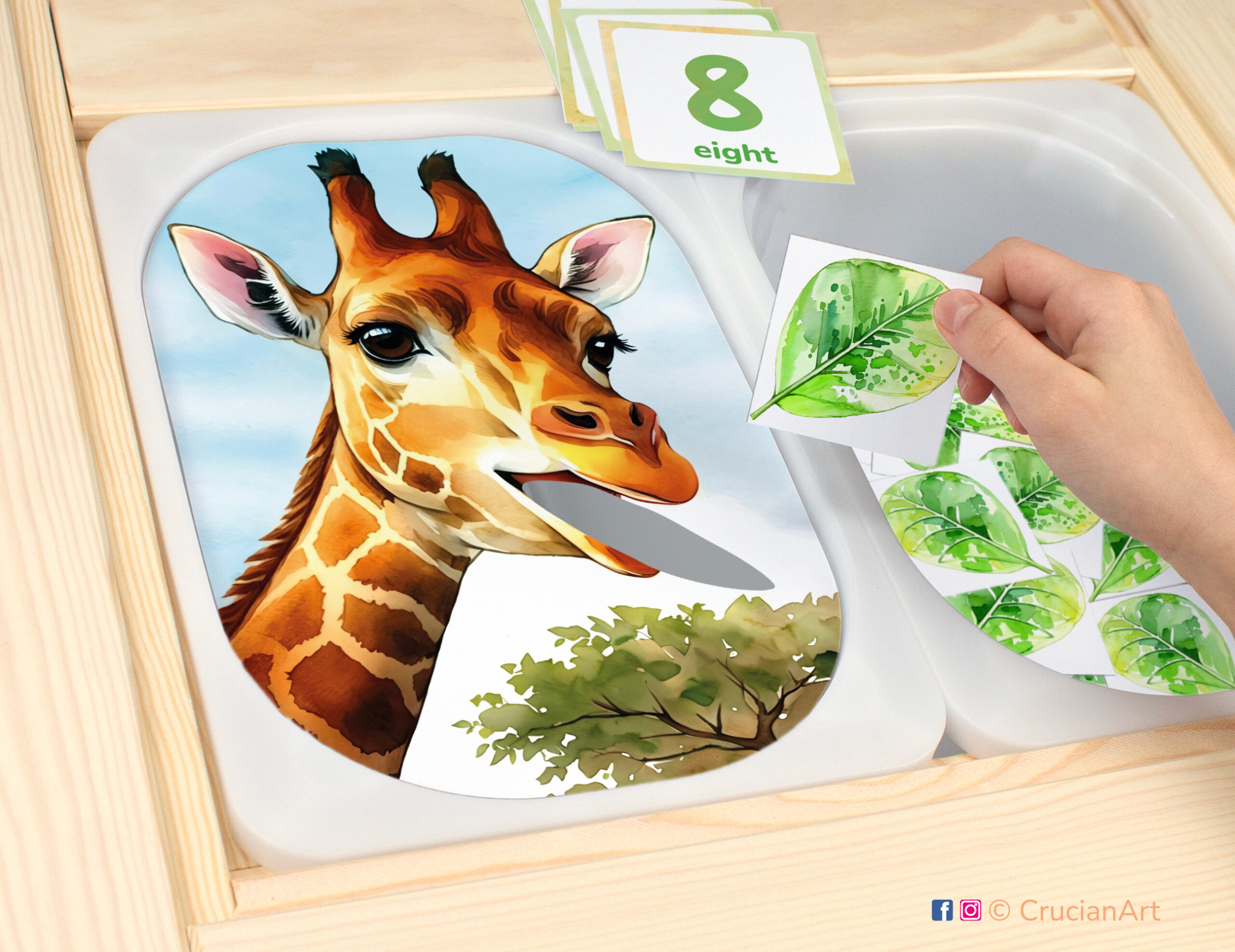Feed the giraffe leaves sensory play in a childcare center: classroom learning printable materials for African safari and savannah unit. Counting trofast insert template for kids sensory bins. Printables for the ikea flisat sensory table.