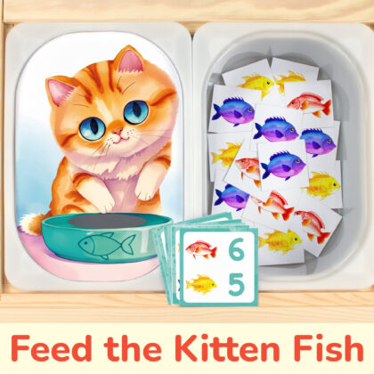 Feed the Kitten Fish flisat insert template and fish count and match pieces placed on Trofast bins in IKEA children's sensory table.
