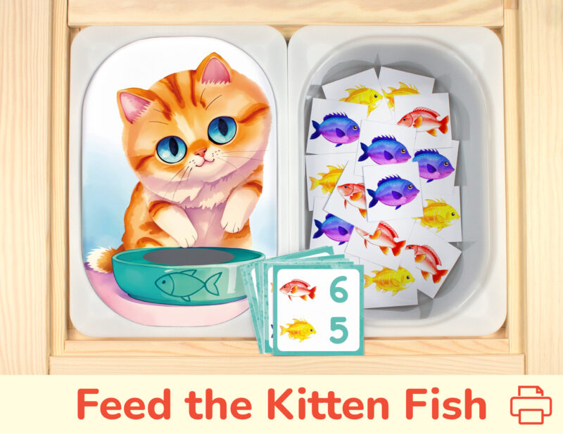Feed the Kitten Fish flisat insert template and fish count and match pieces placed on Trofast bins in IKEA children's sensory table.