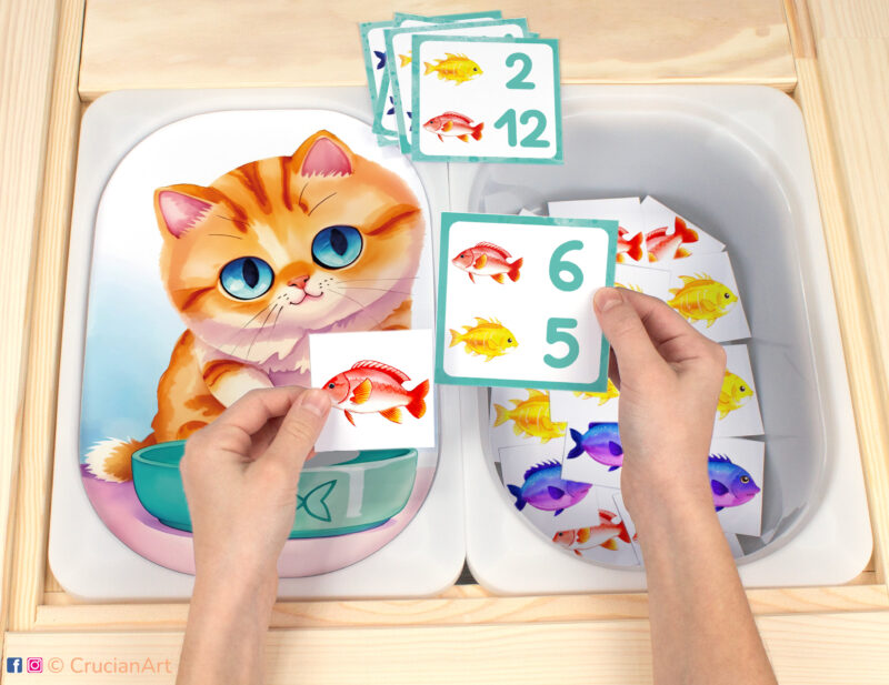 Feed the Hungry Kitten Fish Flisat insert resource in a Montessori preschool. Pets-theme early math counting activity placed on an IKEA children's sensory table.
