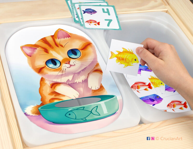 Feed the Hungry Kitten Fish sensory play for a daycare center. Printable template for ikea flisat table bins for kids. Classroom educational printables for a pets unit.