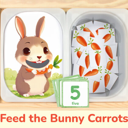 Feed the bunny carrots counting activity placed on Trofast boxes in IKEA Flisat Children's Sensory Table