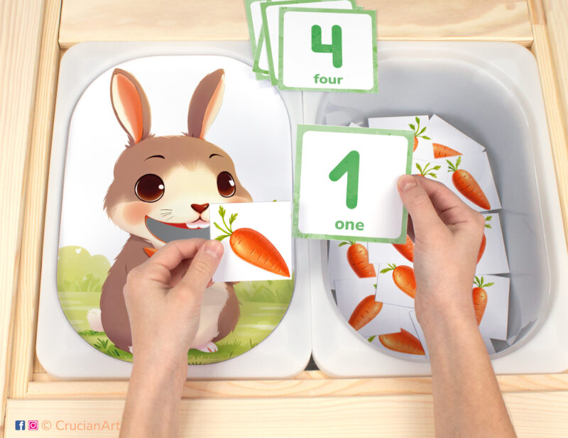 Feed the bunny carrots theme Flisat insert resource in a Montessori preschool: early math counting activity placed on an IKEA Children's Sensory Table. Spring illustration for kids sensory table insert.