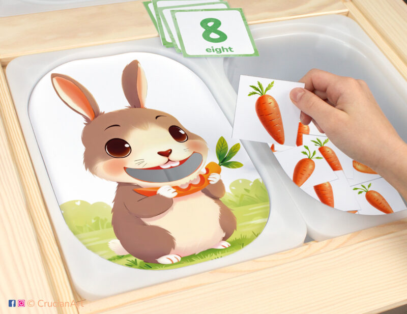 Feed the bunny carrots sensory play in a childcare center: classroom learning printable materials for a spring unit. Counting Trofast insert template for kids sensory bins. Printables for the IKEA Flisat Sensory Table.