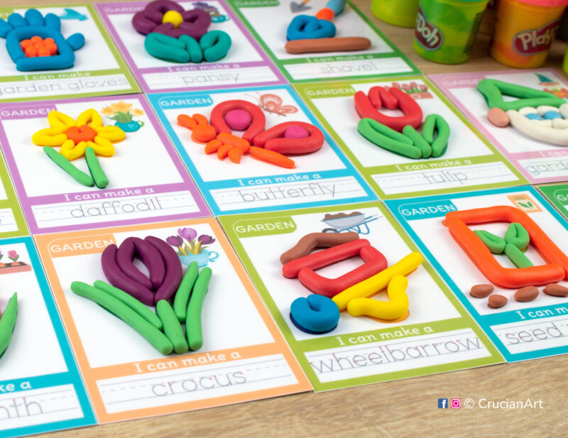 Spring Garden themed playdough mats for toddlers and preschoolers with images of a crocus flower, butterfly, wheelbarrow, tulip, daffodil.