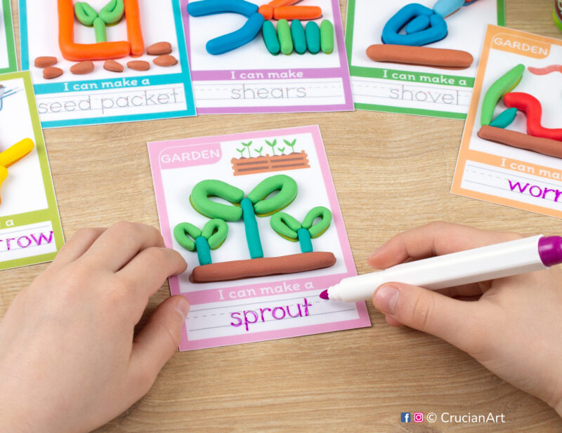 Printable Spring Garden playdough mats. Seasonal play dough mat with an illustration of sprouts. Do-it-yourself language learning educational resources for childcare centers.