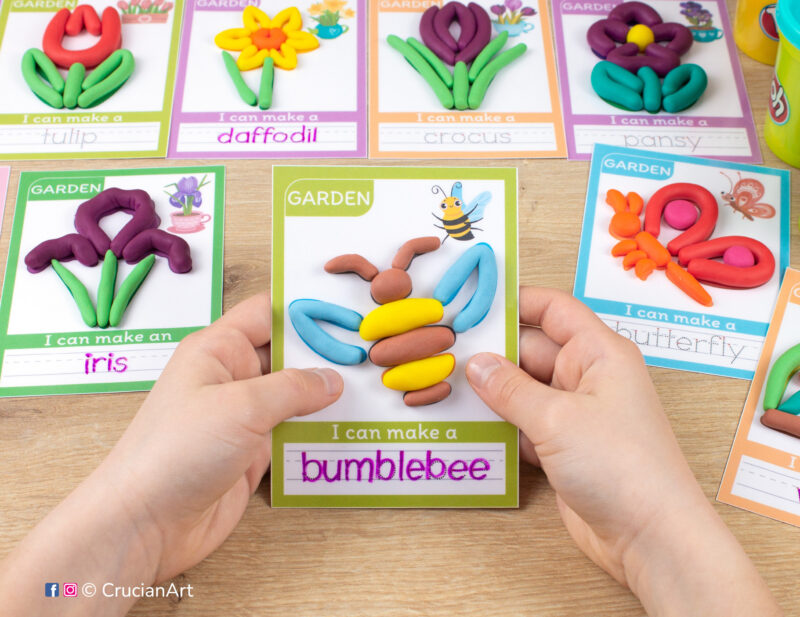 Spring Garden themed playdough mat with an image and word of a bumblebee made of play-doh. Educational playdough printables for seasonal early childhood curriculum.