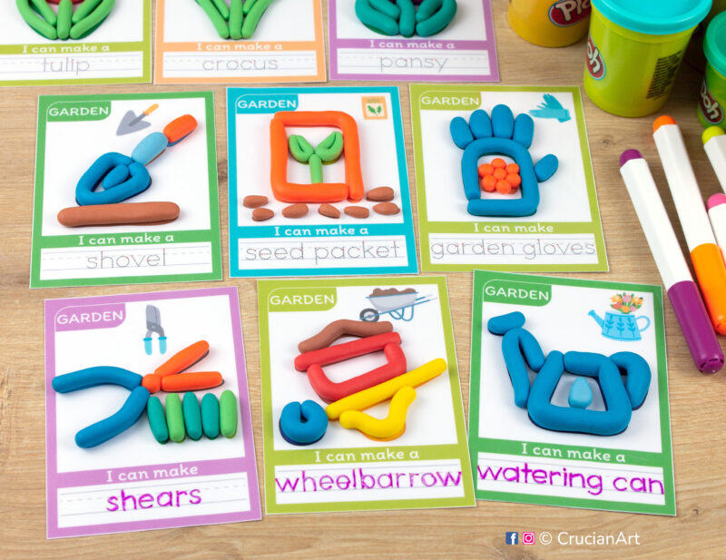 Spring Garden themed playdough mats for toddlers and preschoolers with images of a watering can, shovel, garden gloves, shears, wheelbarrow, and seed packet.