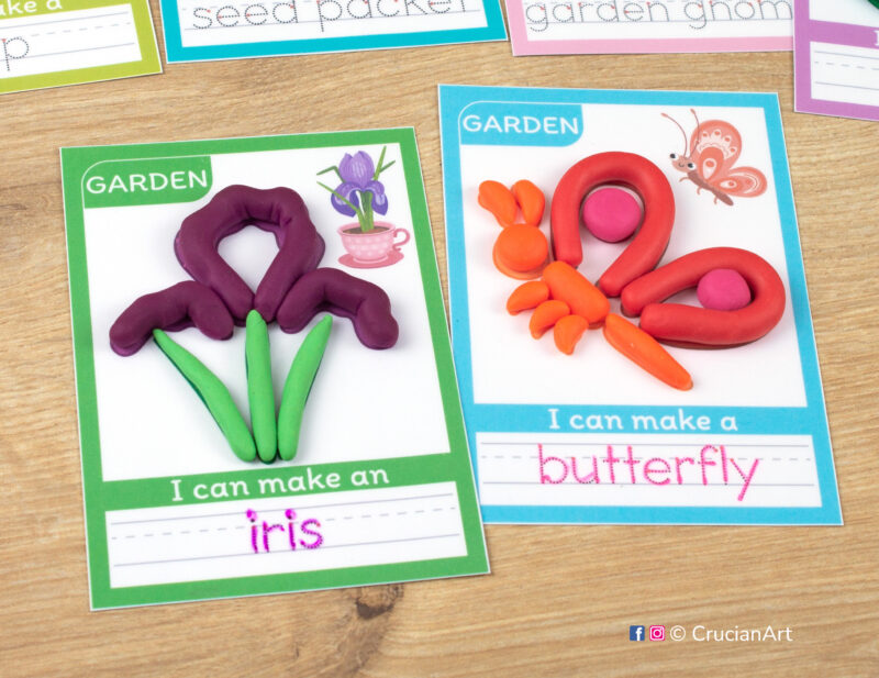 Set of printable Garden playdough mats for seasonal learning theme. Gardening season symbols of a butterfly and iris flower.