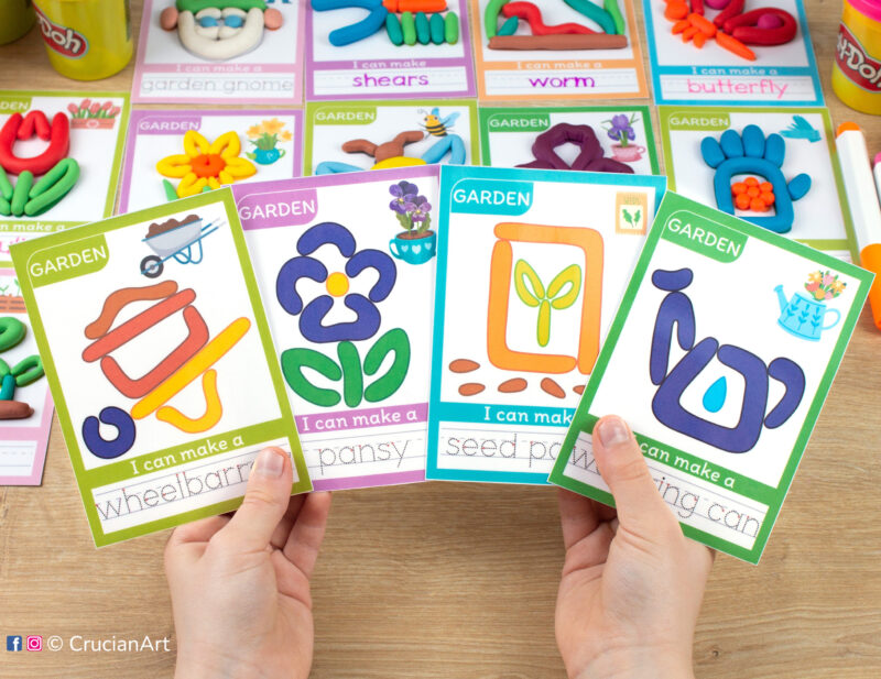 Garden theme printable playdough materials for preschool teachers. Spring seasonal activity for Play-Doh with images of pansies flowers, wheelbarrow, watering can, and seed packet.