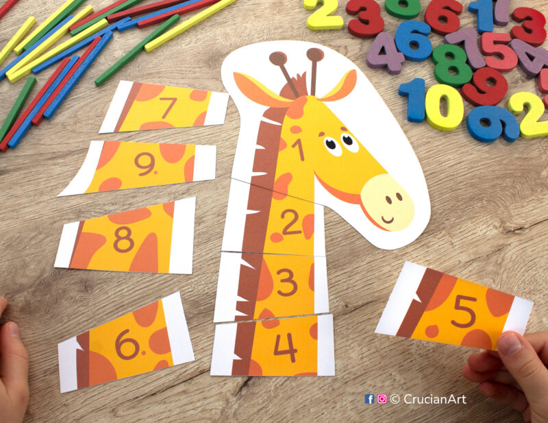 Giraffe puzzle printable activity for toddler and preschool classrooms to learn number order from one to ten. Early math diy resource for teachers and homeschooling.