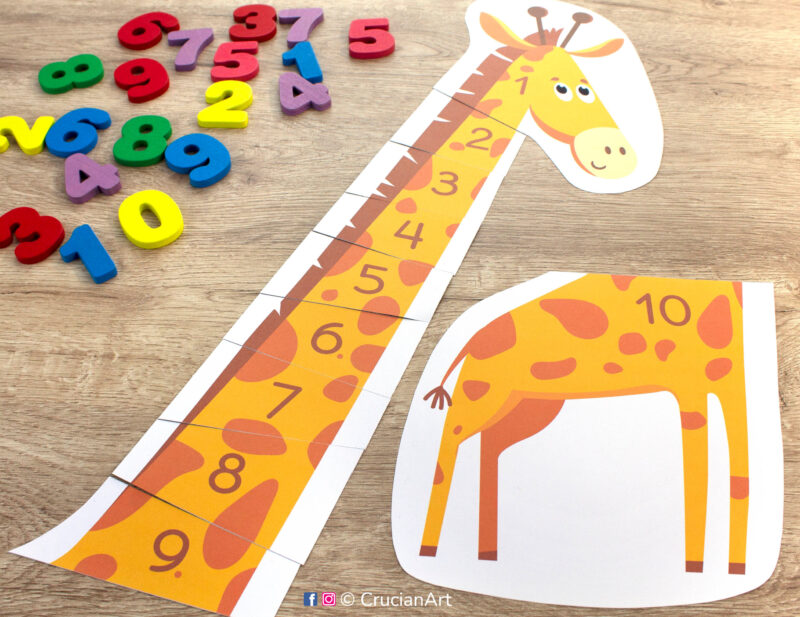 Learn number order from one to ten with giraffe puzzle. Printable number sequencing activity for toddler and preschool education.
