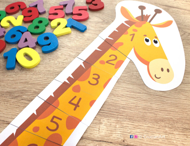 Build giraffe puzzle preschool printable activity. Learn number sequence from one to ten. Diy resource for toddler and kindergarten teachers.