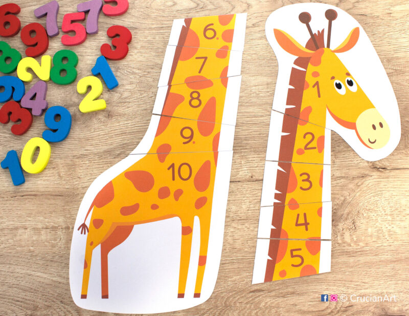 Giraffe theme printable puzzle for toddler and preschool classrooms to learn number order from one to ten. Early math diy resource for teachers and homeschooling.