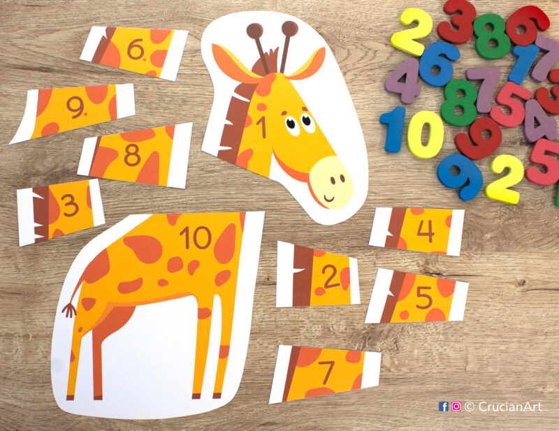 Giraffe theme early math printable activity. Practice number sequencing from one to ten. Preschool printables for homeschooling.