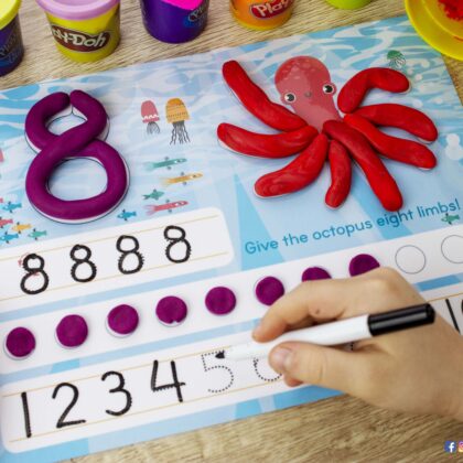 Numbers and counting playdough mats. play dough mat with an illustration of a red octopus with eight limbs. Do-it-yourself Number recognition and Number sequencing educational resources for childcare centers.