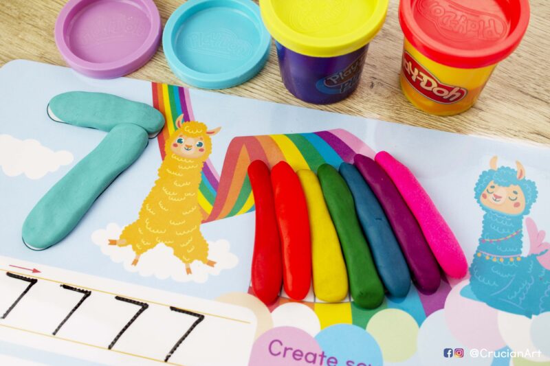 Number identification and writing playdough mats for preschoolers. Play-doh mat with rainbow llamas.