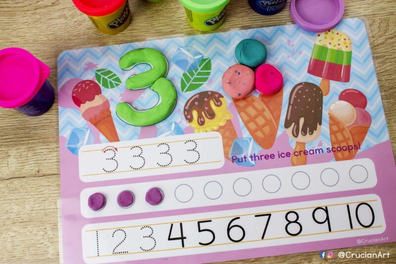 Numbers 1-10 playdough mats: Ice Cream and Treats theme number handwriting and counting exercise