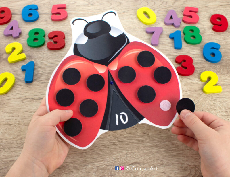 Ladybug insect theme printable activity for toddler and preschool classrooms to learn numbers and counting from one to ten. Early math diy resource for teachers and homeschooling.