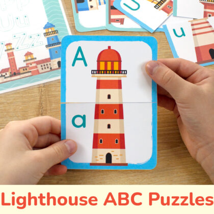 Lighthouse theme picture puzzles for toddler and preschool education. Summer season alphabet resource for classroom learning.