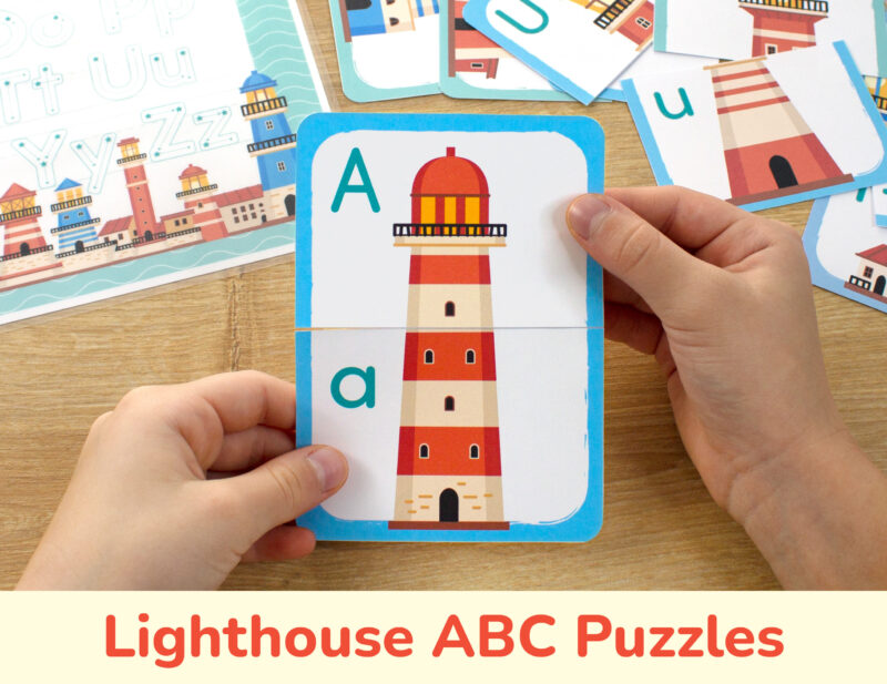 Lighthouse theme picture puzzles for toddler and preschool education. Summer season alphabet resource for classroom learning.