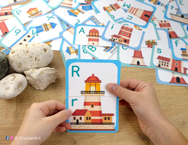 Ocean lighthouse picture puzzle. Summer season alphabet puzzles play for preschool classrooms. Fine motor skills development and uppercase and lowercase letters learning for three year olds.