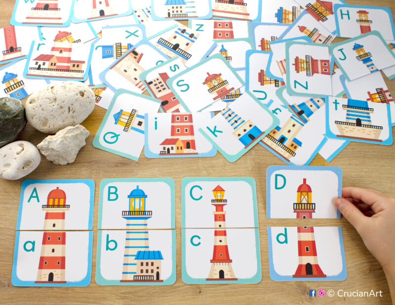 Ocean lighthouse theme printable set of picture puzzles for preschool and kindergarten teachers. Alphabet puzzle pairs for uppercase and lowercase letters learning.