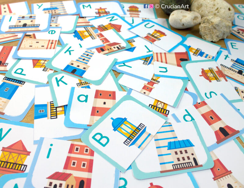 Ocean lighthouse alphabet puzzles for toddlers and preschoolers. Printable uppercase and lowercase letters matching activities for two year olds and three year olds.