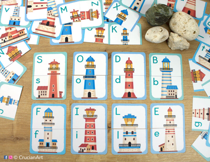 Lighthouse theme alphabet picture puzzles: uppercase and lowercase matching pairs. Match the ABC puzzle halves printable activity for early learning. Summer season visual cards for toddler.