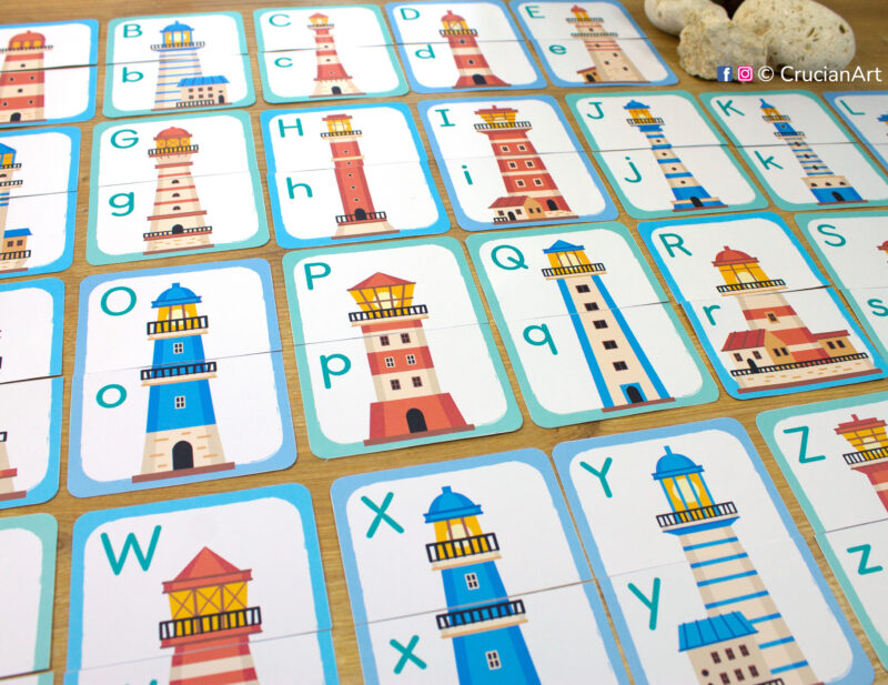 Set of lighthouse alphabet puzzles. Uppercase and lowercase letters learning puzzle pairs for toddler and preschool learning.