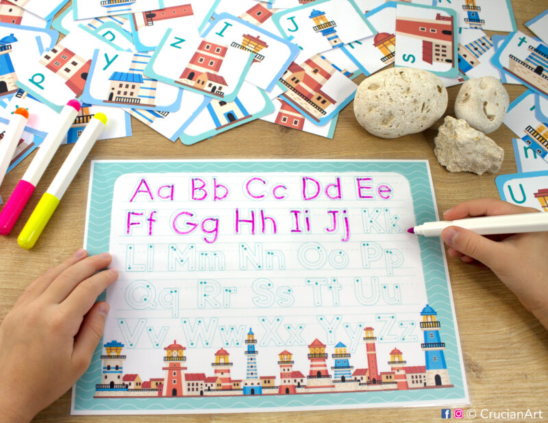 Lighthouse alphabet worksheet with uppercase and lowercase letters. Printable activity to practice handwriting. Preschool and kindergarten classroom summer season resource for teachers.