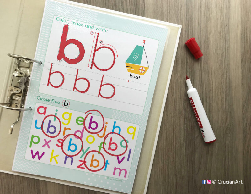 Diy lowercase alphabet workbook for preschool classroom and homeschool curriculum. Printable handwriting practice worksheets for kids inserted into a ring binder.