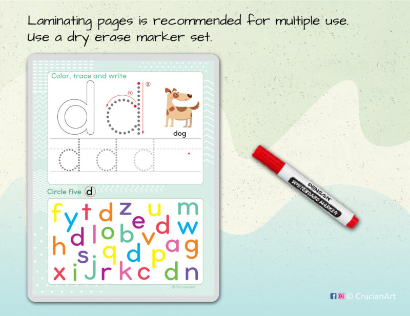 Printable lowercase alphabet workbook: color letter, small letters tracing guide, lower case letter recognition, beginning sounds with animals.