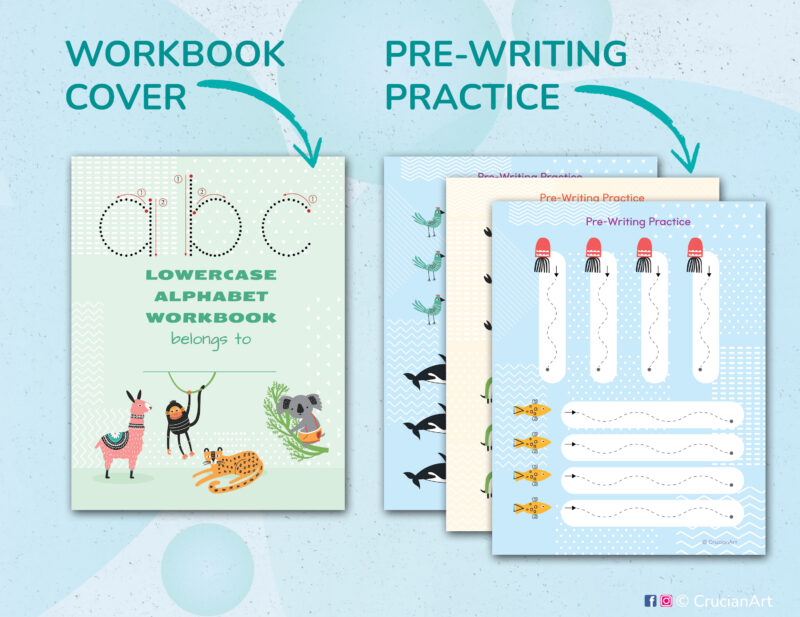 Printable lowercase alphabet workbook with pre-writing practice tracing lines for fine motor skills. Small letters worksheets for preschool and kindergarten.