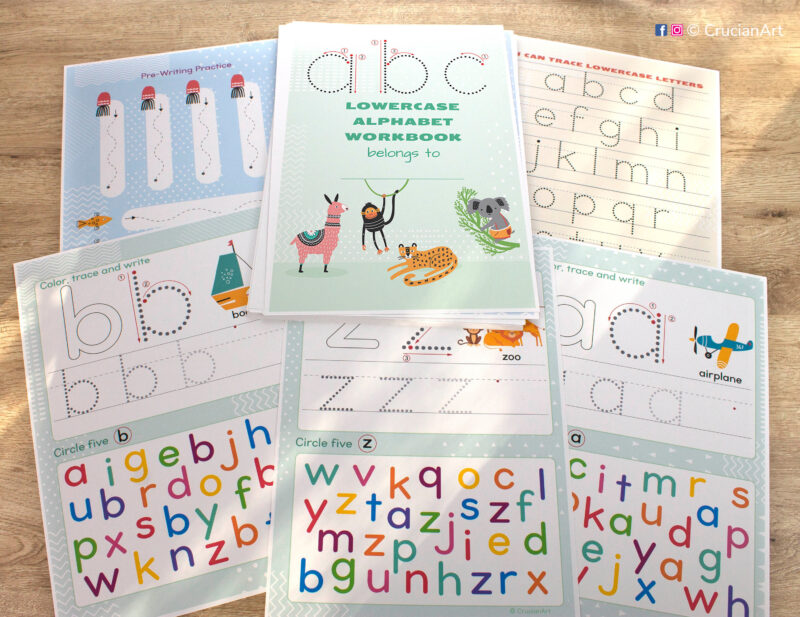 Set of lowercase alphabet workbooks. Pre-writing practice and small letter formation worksheets for kids. Printables for preschool classroom and homeschool curriculum.