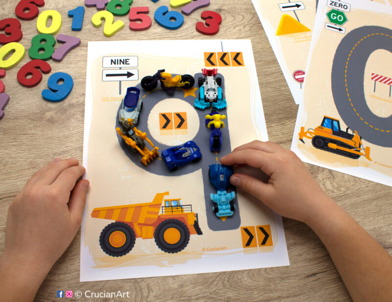 Construction theme mat with number nine and dump truck. Printables for boys. Printable resource for preschool curriculum.