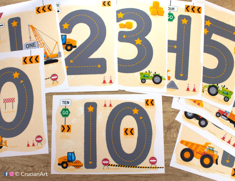 Set of construction turcks theme number mats to print. Easy to make learning resource for number learning in preschool classrooms. Worksheets with tracing numbers from zero to ten to learn how to write numbers.