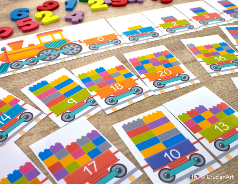 Number train activity closeup. Train carriages carry bricks that children can count. Number sequence learning material to print.