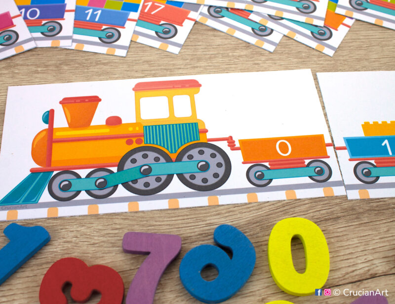 Number train printable activity for toddler and preschool classrooms to learn number order and counting up to 20. Early math diy resource for teachers and homeschooling.