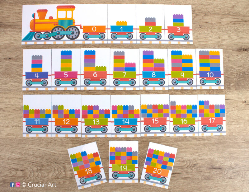 Number train theme early math printable activity. Train carriages carry bricks to practice counting from zero to ten and to twenty. Preschool printables for homeschooling.