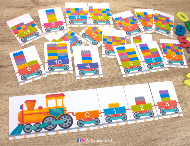 Number train preschool counting activity. Learn number sequence up to twenty. Printable resource for toddler and kindergarten teachers.