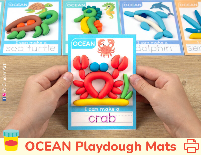 Sea and Ocean Animals playdough mats for preschool curriculum. A card featuring a crab with play-doh and tracing words.
